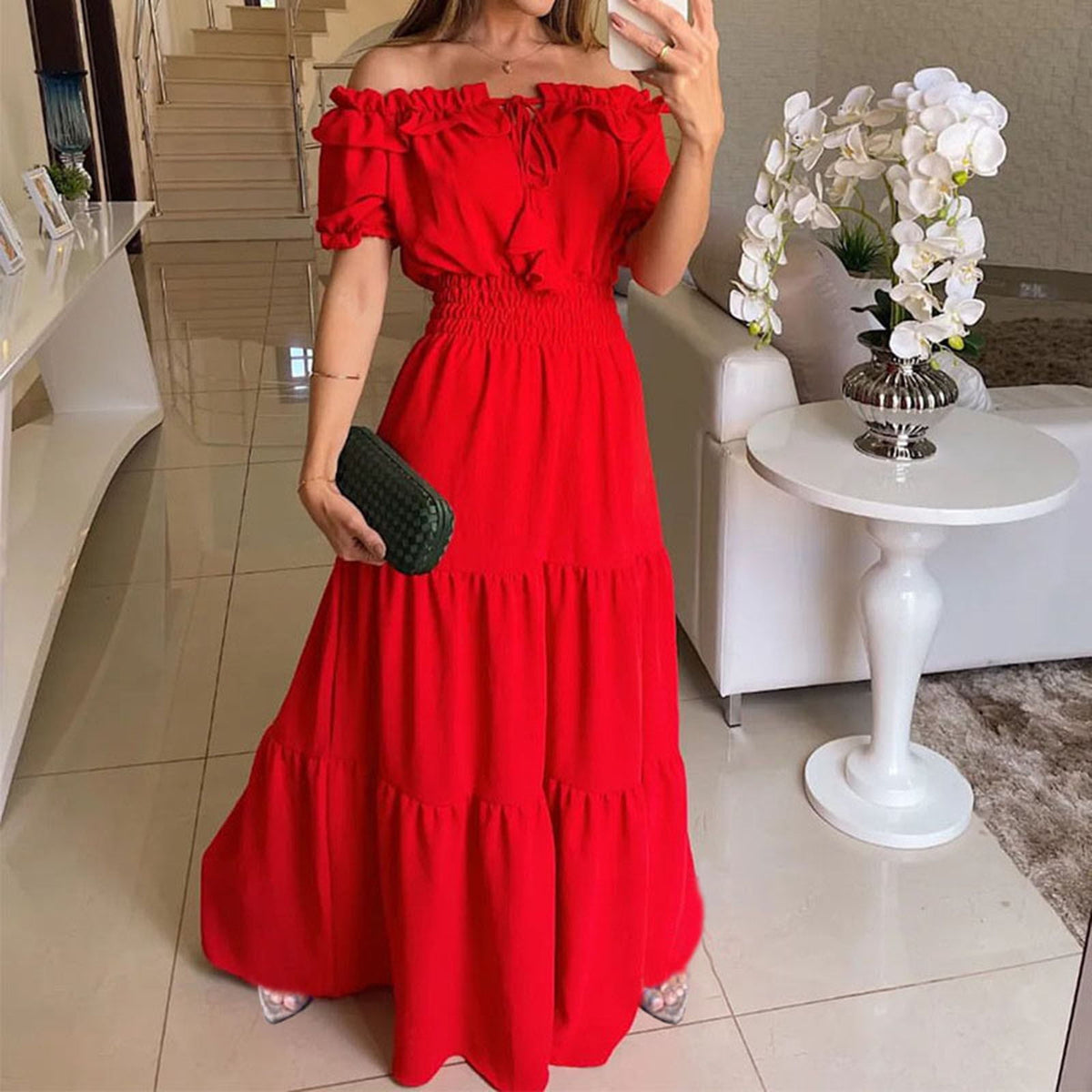 thumbnail image 1 of Blmnix Sexy Dresses for Women Trendy Red Maxi Short Sleeve Solid Off The Shoulder Fit & Flare 2024 Ladies Dresses, 1 of 8