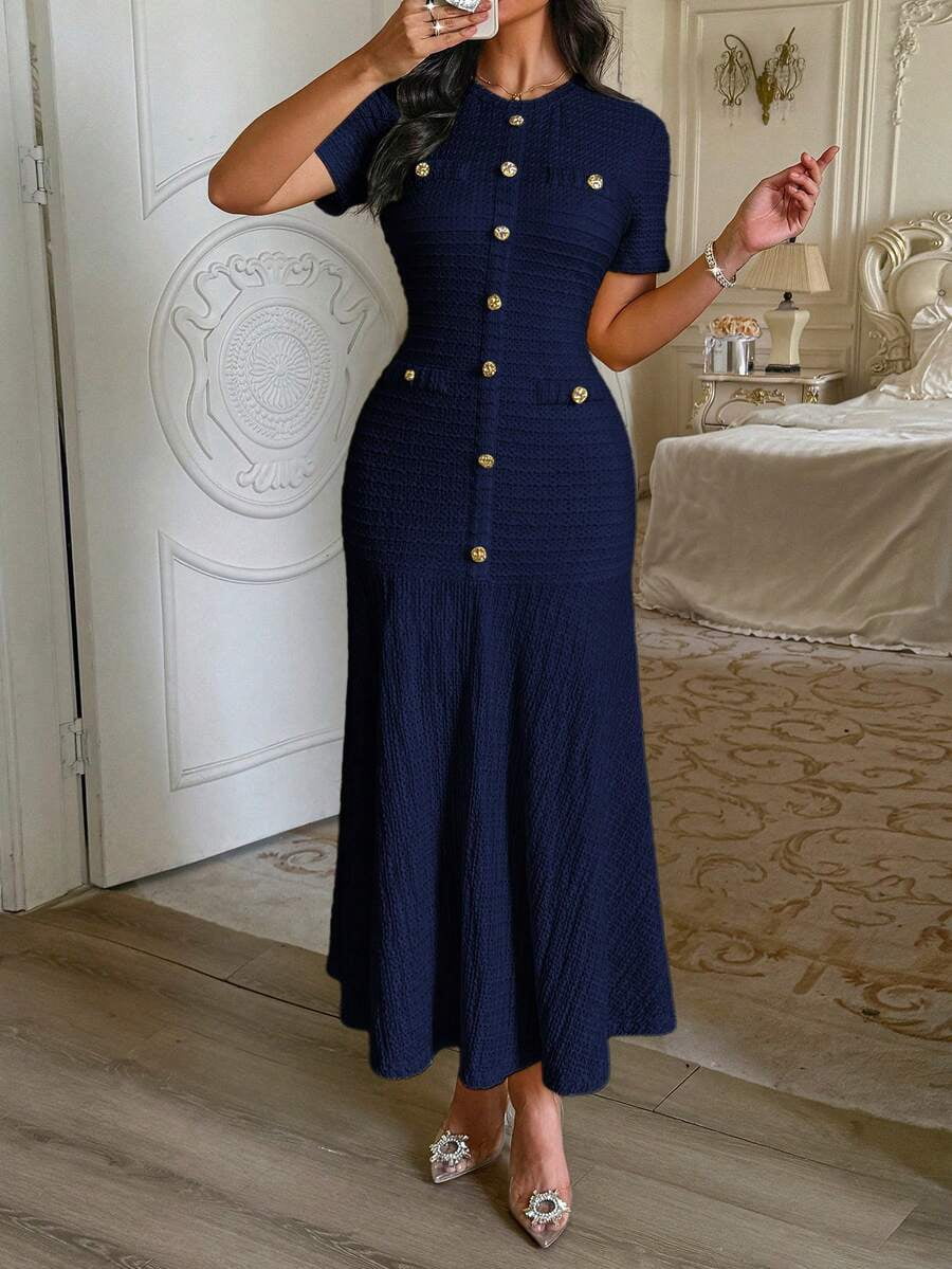 thumbnail image 1 of Blue Dress With Rhinestone Buttons, Short Sleeve Round Neck Fitted Mermaid, 1 of 11