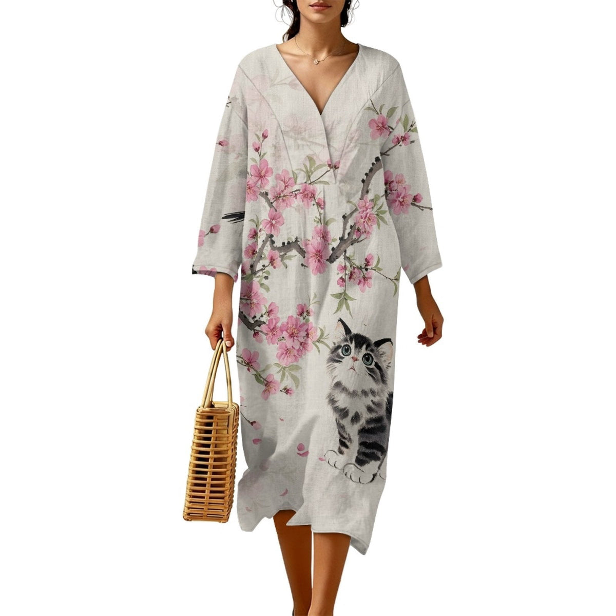 thumbnail image 1 of COEQINE Women's Midi Dress 3/4 Sleeve Wrap V-Neck Oriental Casual Sundress, Loose Fit Linen-Like Calf Length Tunic Dress for Women, Machine Washable, Size S, Ink Cat Peach Blossom, 1 of 6
