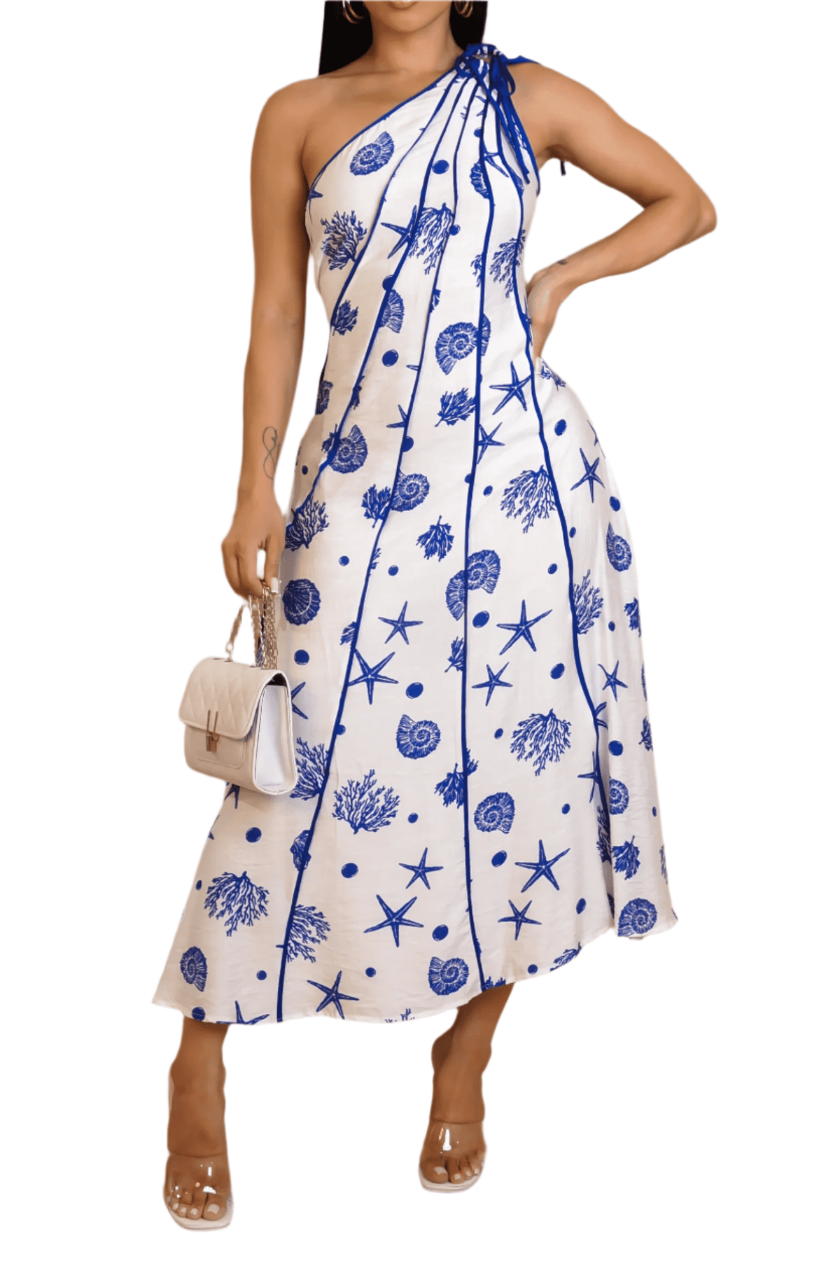 thumbnail image 1 of Coastal Charm One-Shoulder Midi Dress &ndash; Blue or Beige, 1 of 4