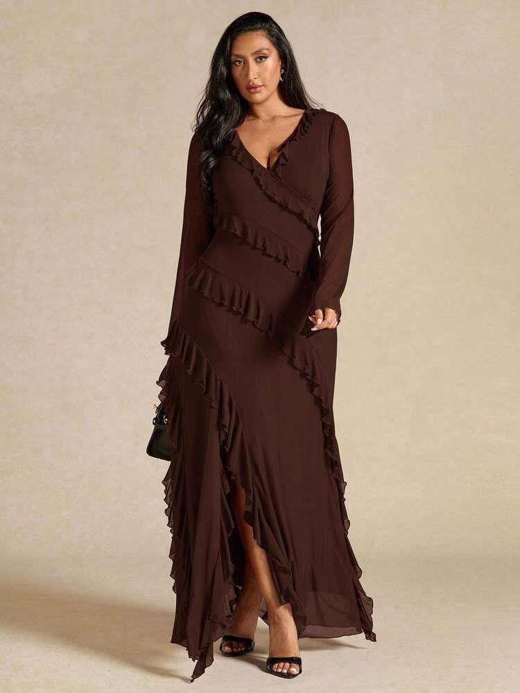 thumbnail image 1 of Coffee Brown Plus Size Long Sleeve Ruffle Wrap Maxi Dress, 1 of 6