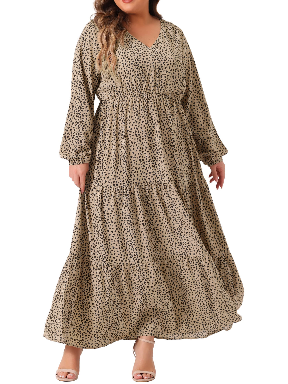 thumbnail image 1 of DARING DIVA Plus Size Polka Dots Long Maxi Lantern Sleeve Dress 1X Khaki, 1 of 6