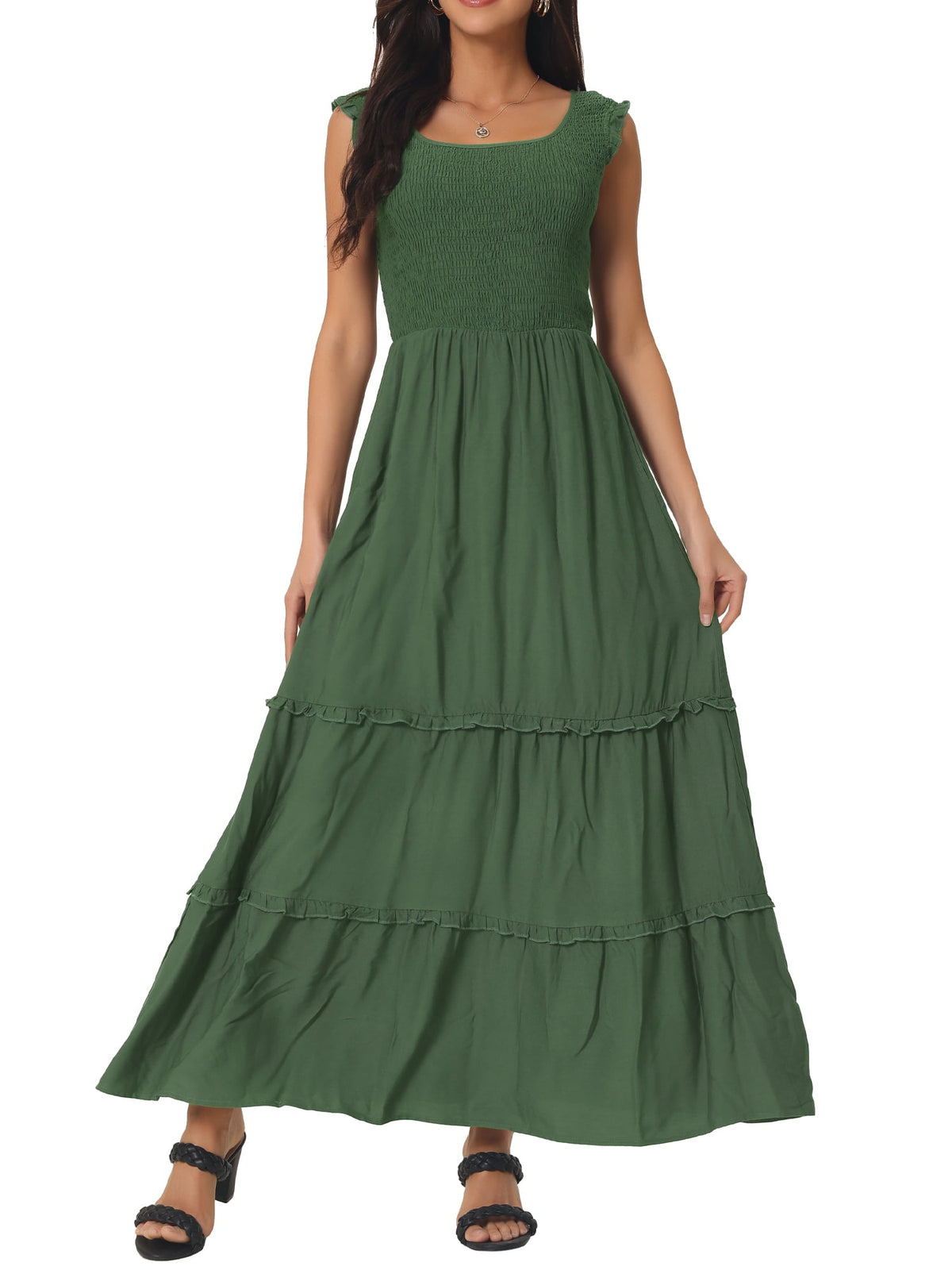 thumbnail image 1 of DARING DIVA Scoop Neck Ruffle Tiered Maxi Dress S Army Green, 1 of 6