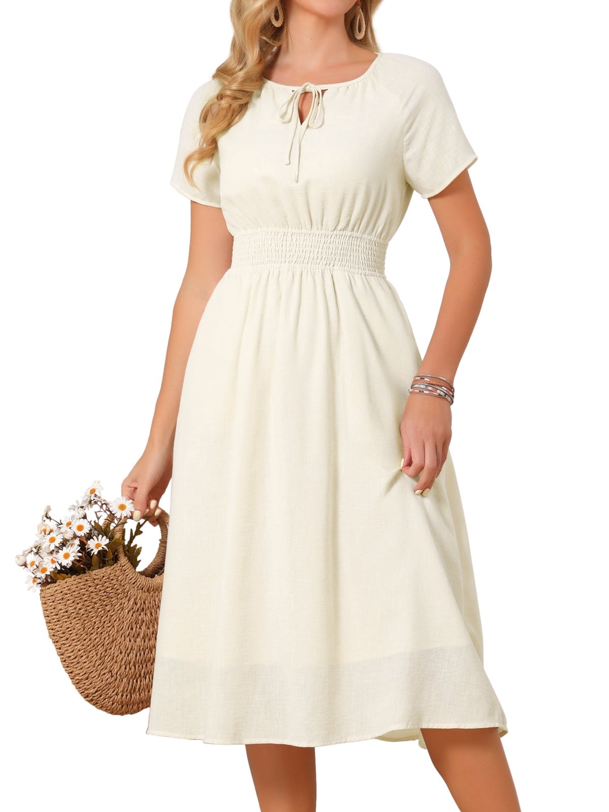 thumbnail image 1 of DARING DIVA Women's Smocked Tie V Neck Short Sleeve Flowy Midi Dress XL Apricot, 1 of 7