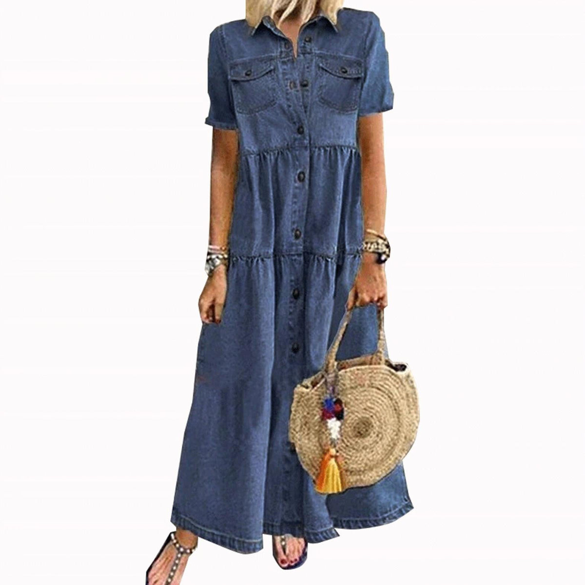 thumbnail image 1 of Danhjin Women's Summer Denim-Like Shirt Dress Short Sleeve Distressed Jeans Dress Button Casual Maxi Dress, 1 of 4