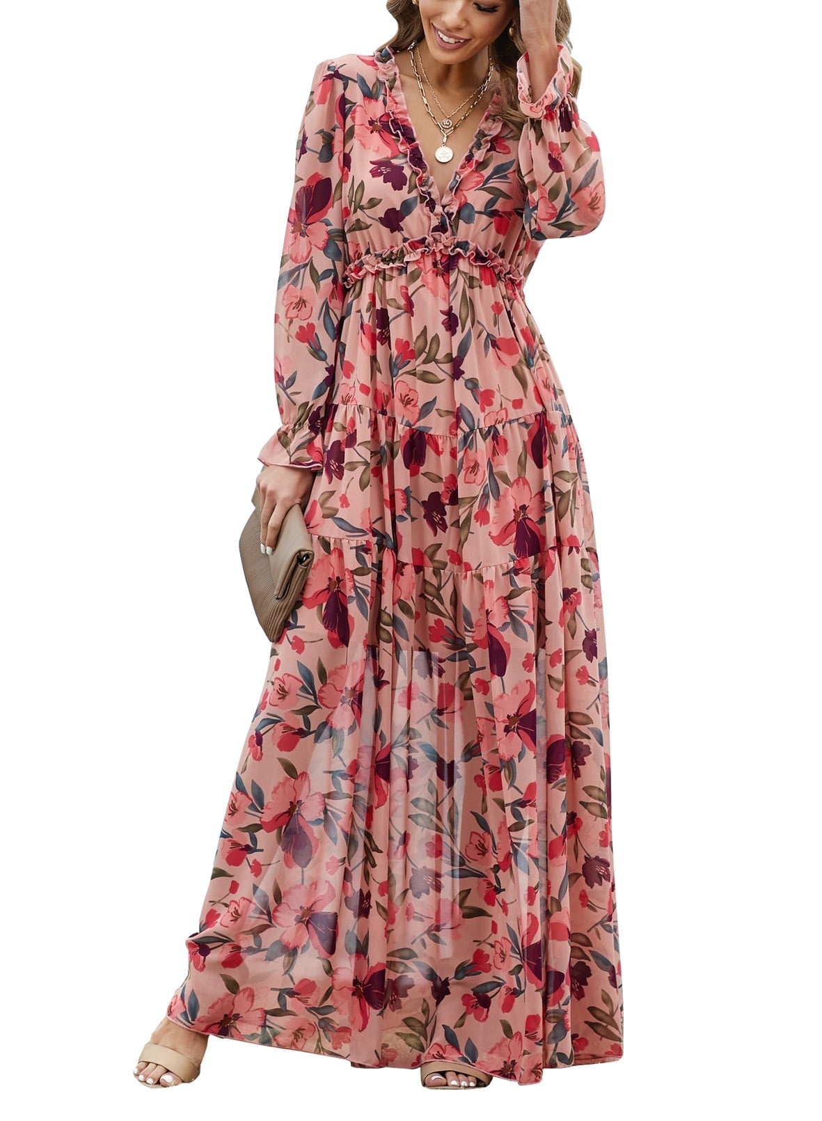 thumbnail image 1 of DOKOTOO Women's Red Floral Maxi Dresses Casual Deep V Neck Long Sleeve Evening Dress Cocktail Party Dress for Women, US 8-10(M), 1 of 10