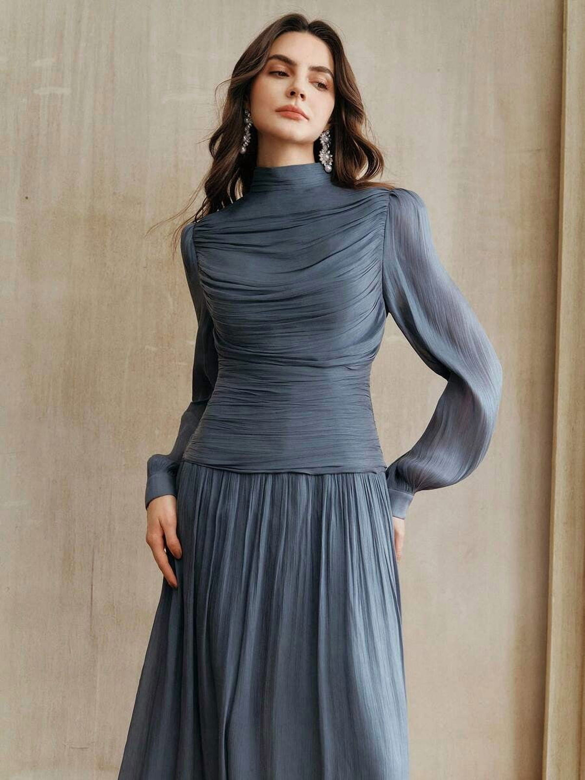 thumbnail image 1 of Dusty Blue Ruched High Neck Long Sleeve Maxi Dress For Women, 1 of 30