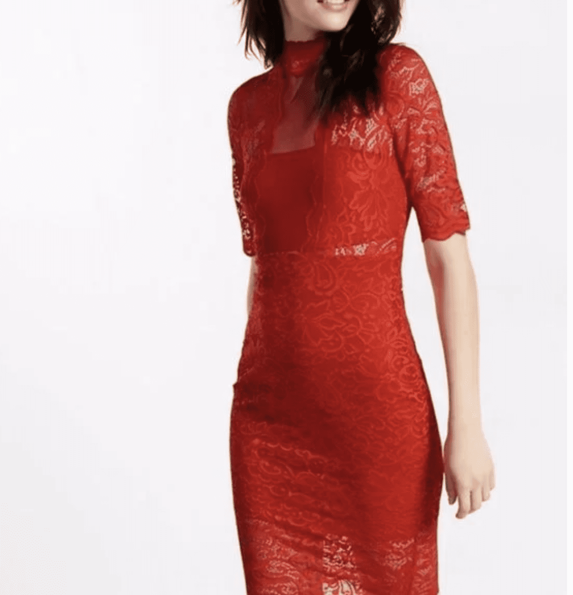 thumbnail image 1 of EXPRESS RED STUNNING lace mock neck sheath dress Size 2, 1 of 3