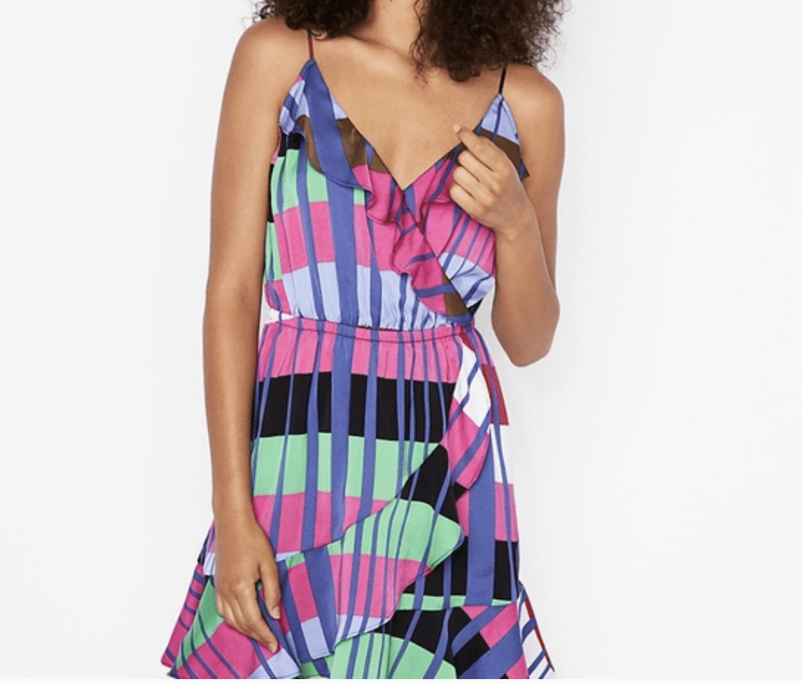 thumbnail image 1 of EXPRESS Striped Ruffle Wrap Cami Dress, 1 of 3