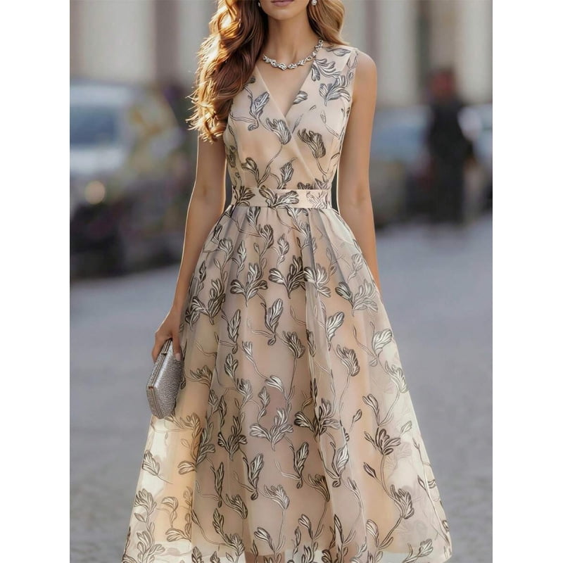 thumbnail image 1 of Elegant and sophisticated V-neck sleeveless fitted midi dress with floral leaf pattern for women, 1 of 5