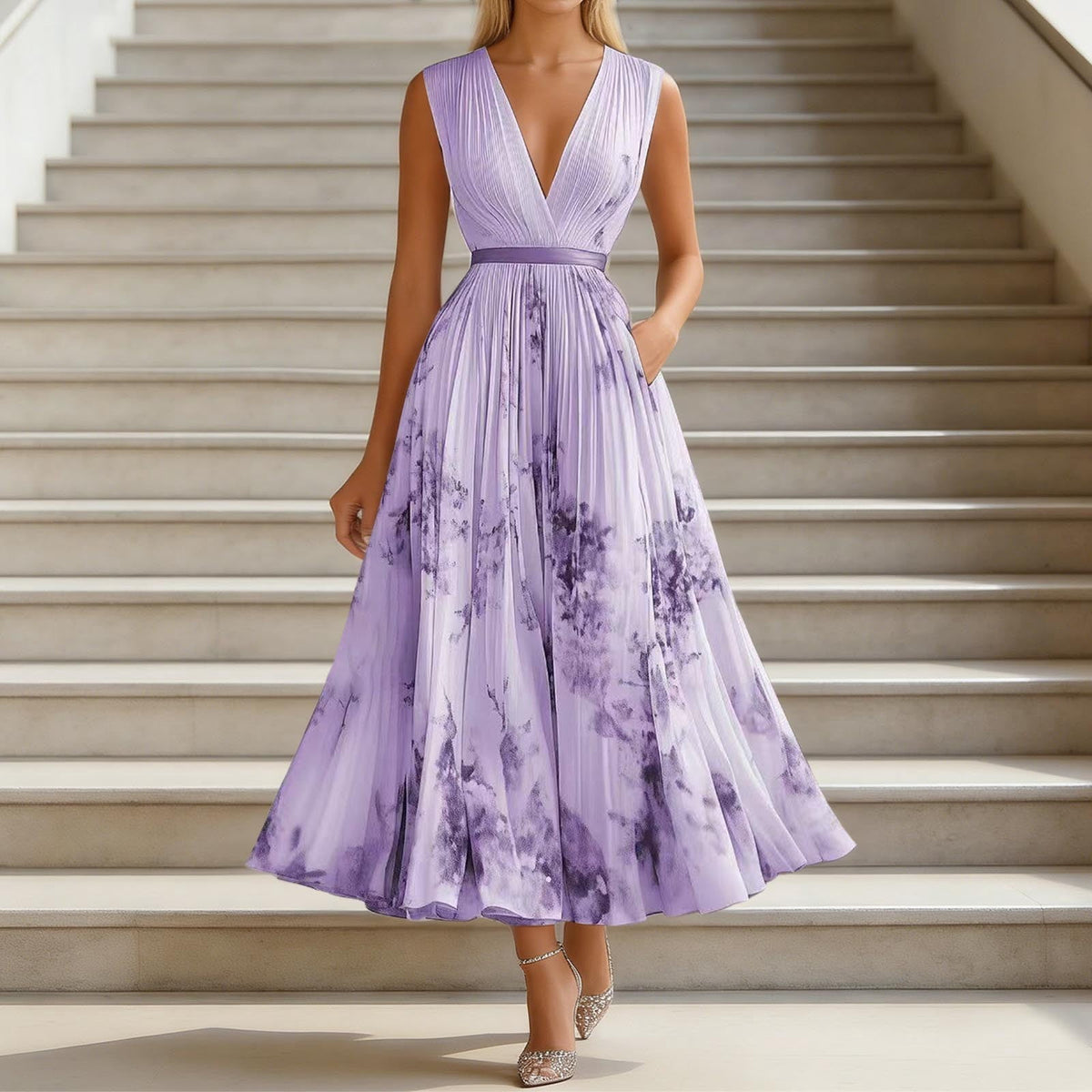 thumbnail image 1 of EliteGoogv Womens Maxi Dresses Sleeveless V Neck Cinched Waist Flowy A Line Maxi Dresses For Women Casual Summer Beach Vacation Floral Dresses Purple, 1 of 4