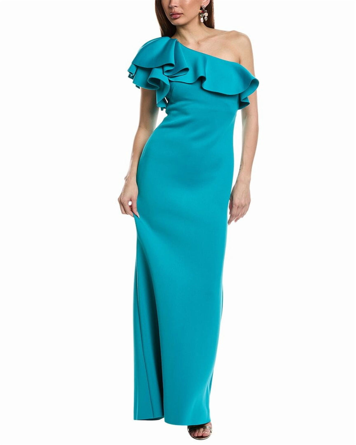 thumbnail image 1 of Eliza J womens One-Shoulder Scuba Gown, 4, Green, 1 of 4