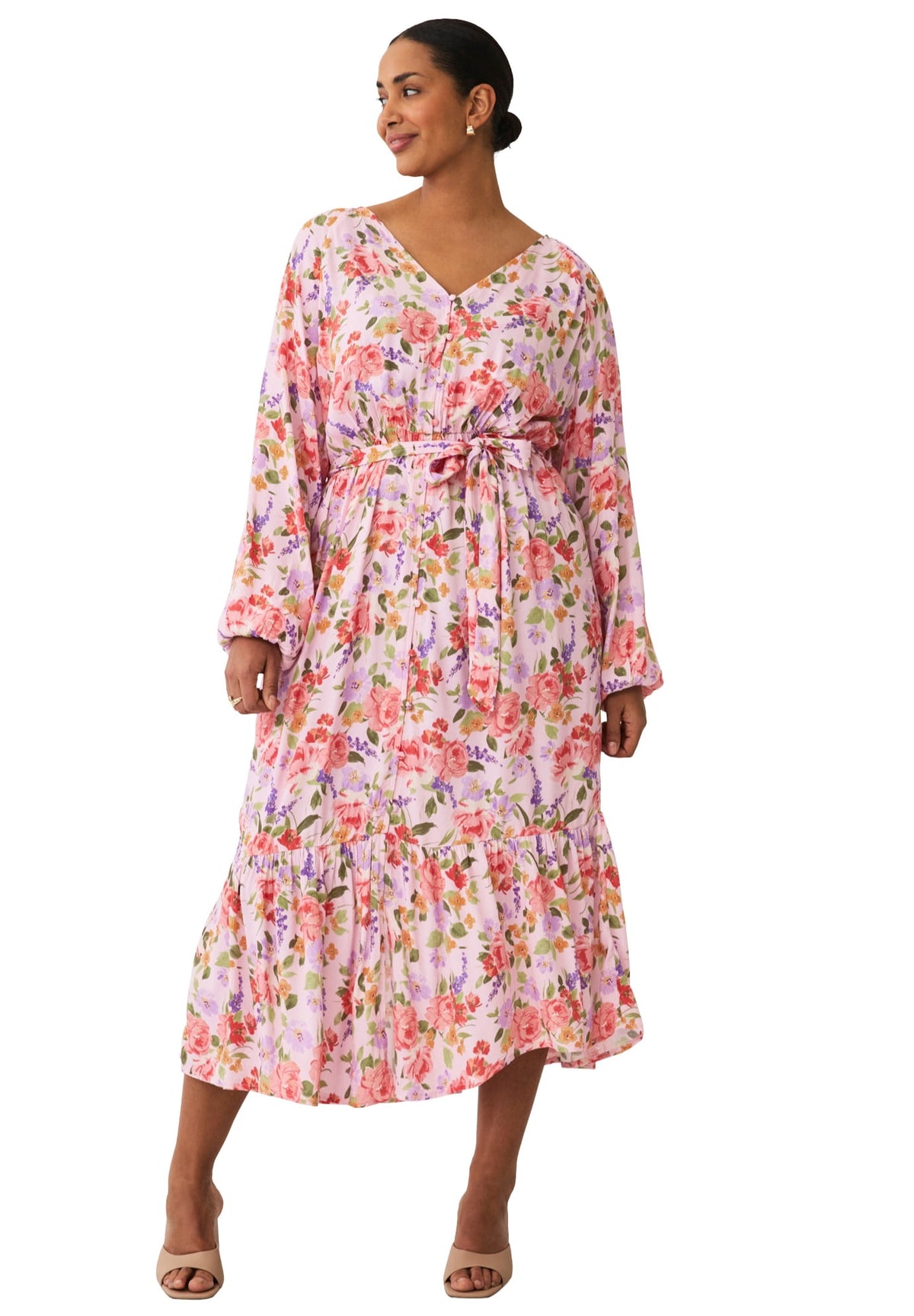 thumbnail image 1 of Ellos Plus Size Button Front Midi Dress With Self Belt, 1 of 3