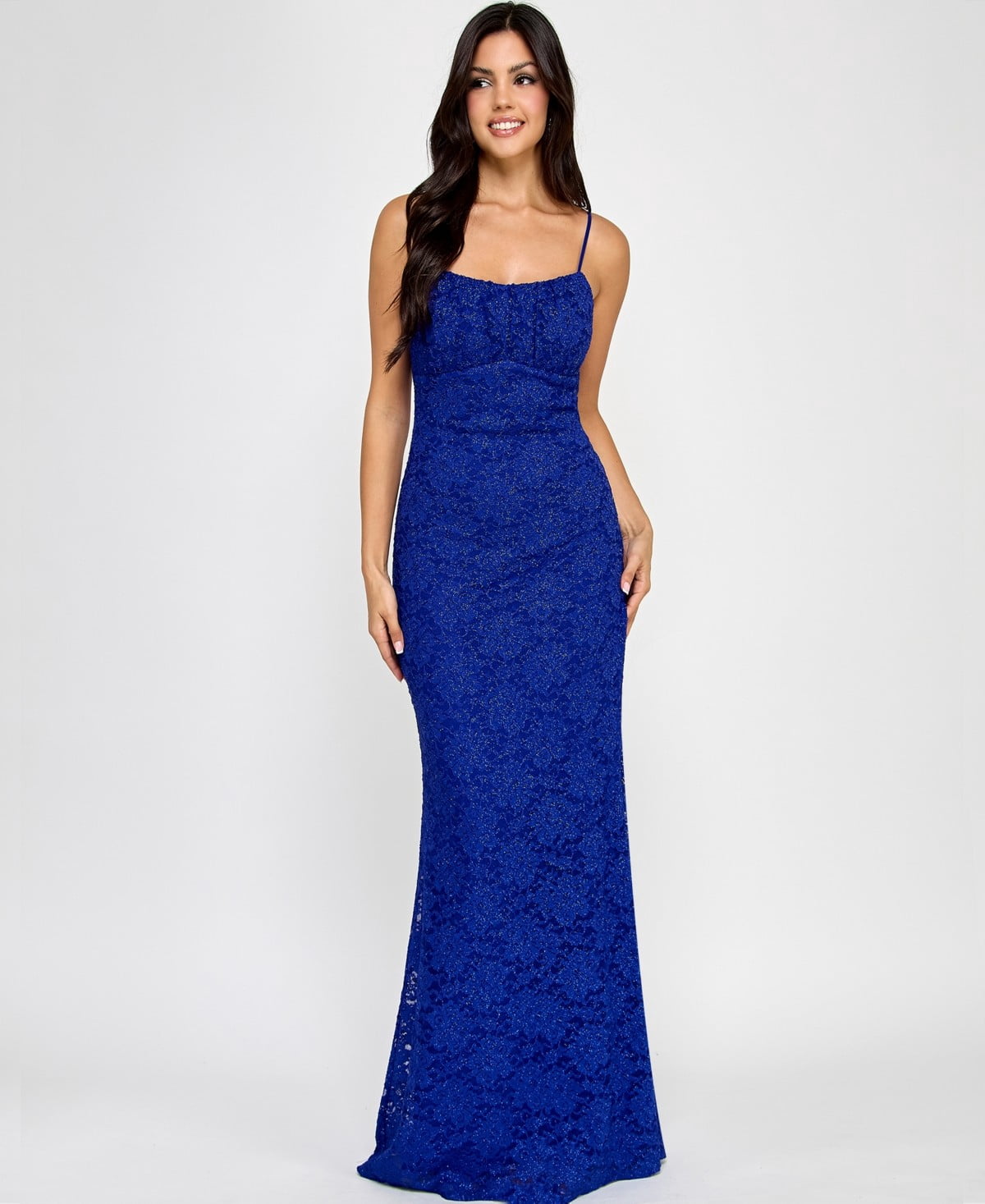 thumbnail image 1 of Emerald Sundae ROYAL BLUE Juniors' Glitter Lace Empire-Waist Gown, US Small, 1 of 3