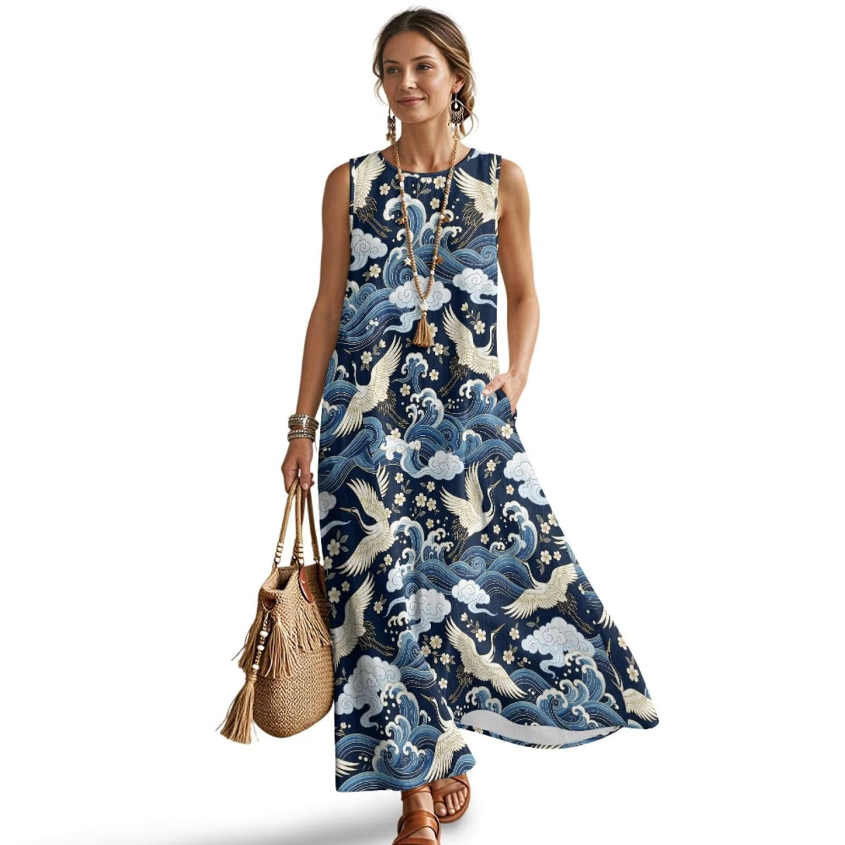 thumbnail image 1 of FKELYI Oriental Crane Cloud Blue Print Womens Summer Tank Dress Linen-Look Long Maxi Dress with Pockets Anti-Wrinkle Casual Beach Dress Breathable Vacation Outfit, S, 1 of 7
