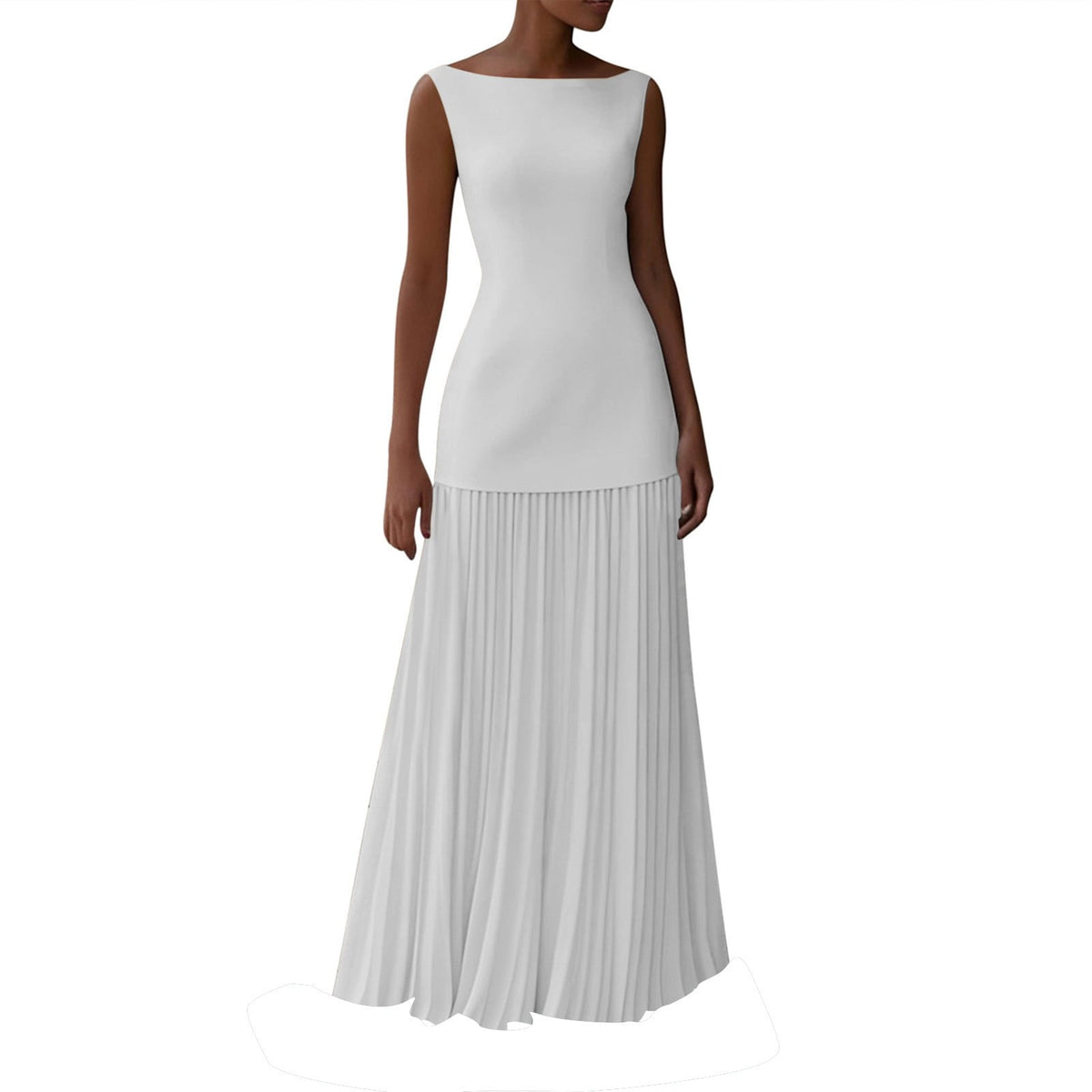 thumbnail image 1 of Felirenzacia Pleated Bridesmaid Dresses Long Boat Neck Floor Length Formal Wedding Guest Dress,White,S, 1 of 9