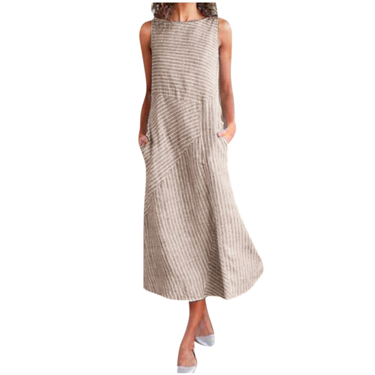 thumbnail image 1 of GHSOHS Womens Dresses Elegant Gauze Dress for Women Casual Neck Dress Striped Long Print Pocket Women Sleeveless Women's Dress Summer Party Dress Vacation Casual Dresses Wear to Work DressesKhak,XL, 1 of 5