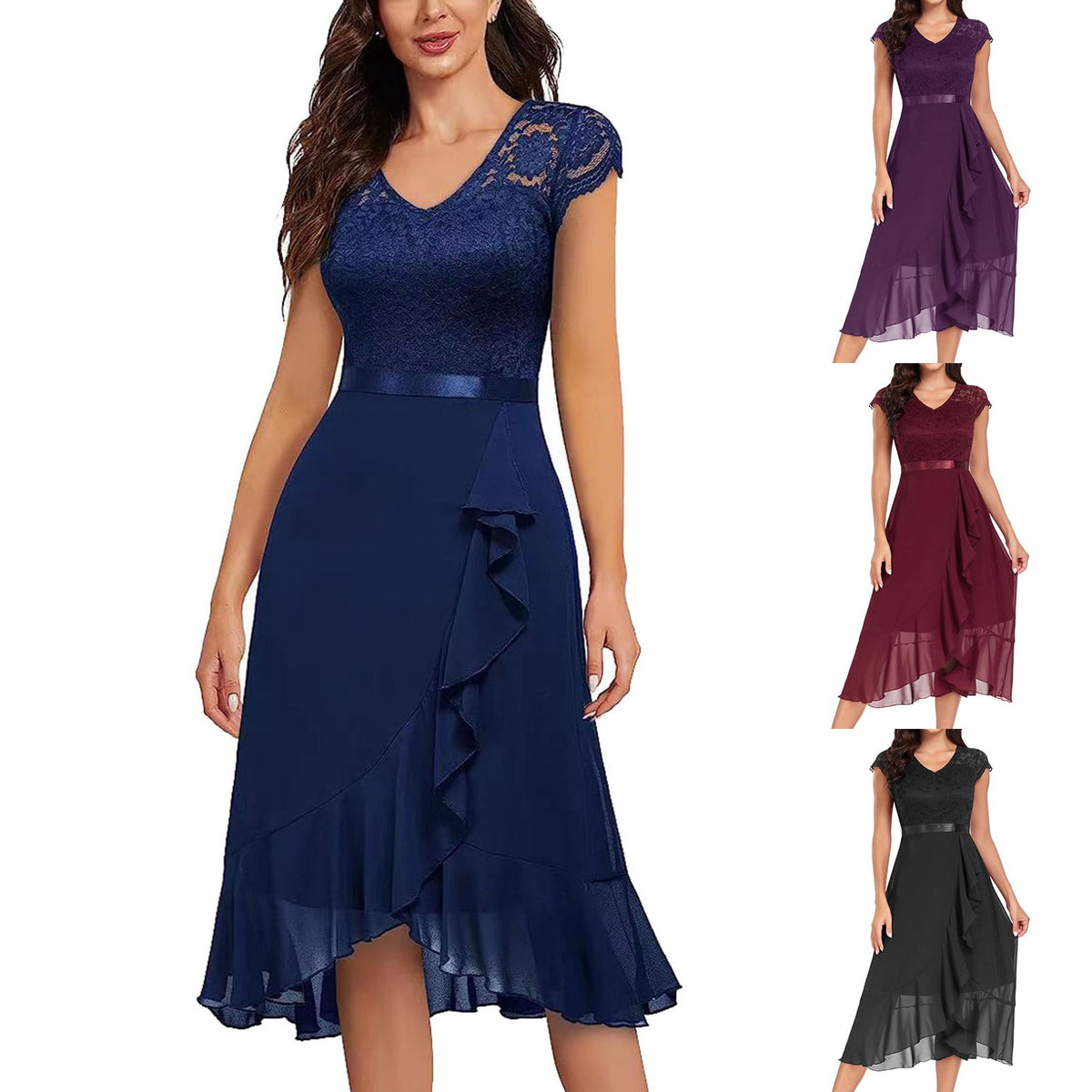 thumbnail image 1 of Gala Dresses for Women V Neck Floral Lace Short Sleeve Bridesmaid Maxi Dress Wedding Mid Length Formal Evening Dress L, 1 of 8