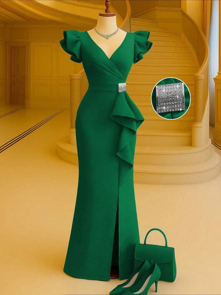 thumbnail image 1 of Green Long Dress with Deep V Neck and Ruffle Sleeves, 1 of 5