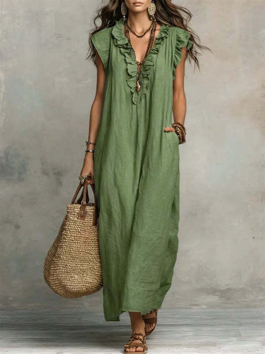 thumbnail image 1 of Green Sleeveless Ruffle Trim Maxi Dress Loose A-Line With Pockets, 1 of 13