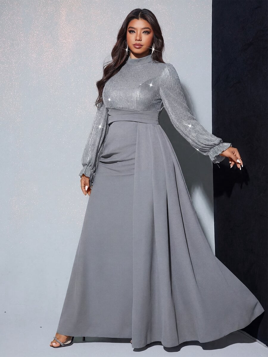 thumbnail image 1 of Grey Plus Size Sequin Long Sleeve Waist Flare Maxi Dress, 1 of 6