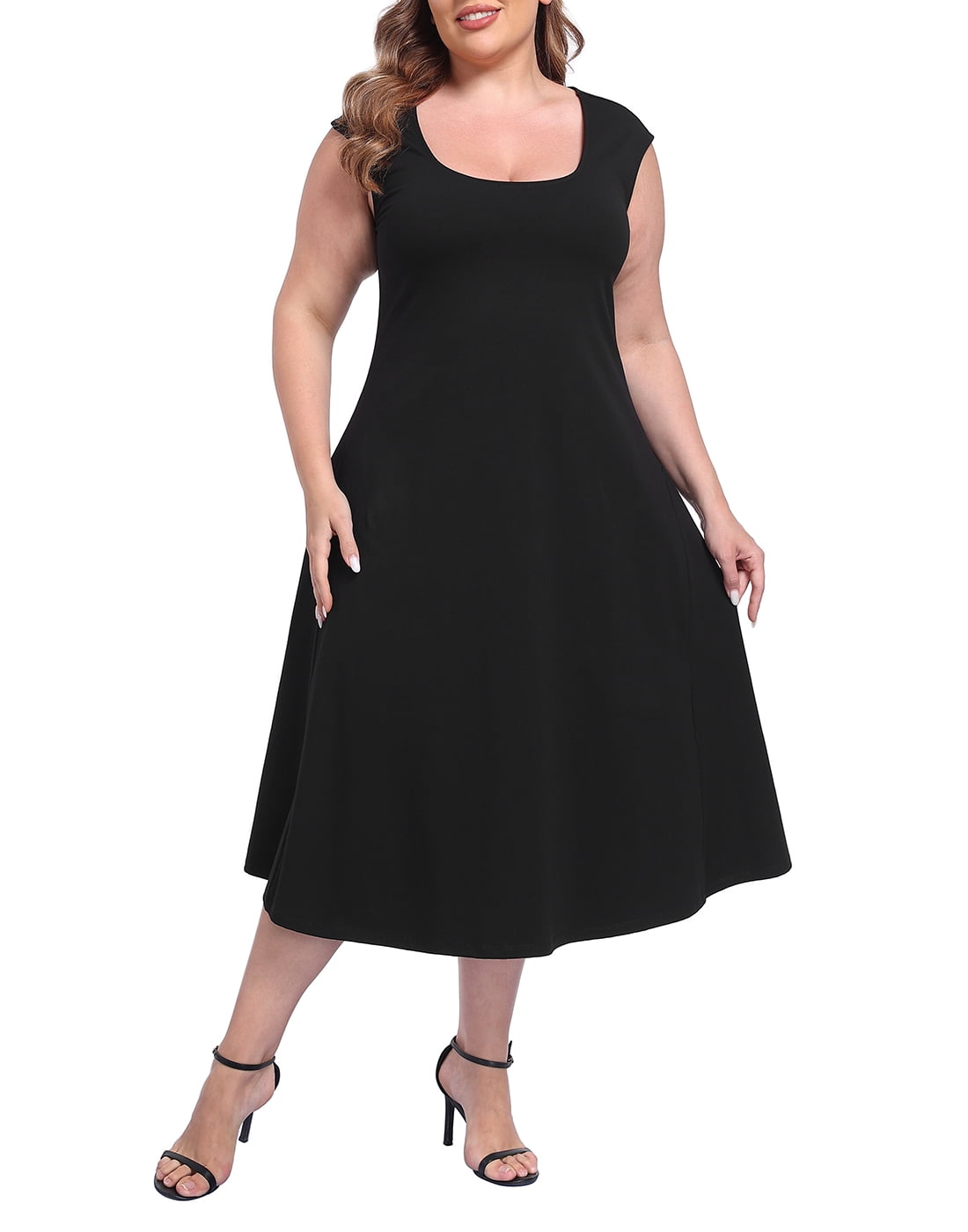 thumbnail image 1 of HDE Women's Plus Size Midi Summer Dress Scoop Neck A Line Casual Sundress Black - 1X, 1 of 5