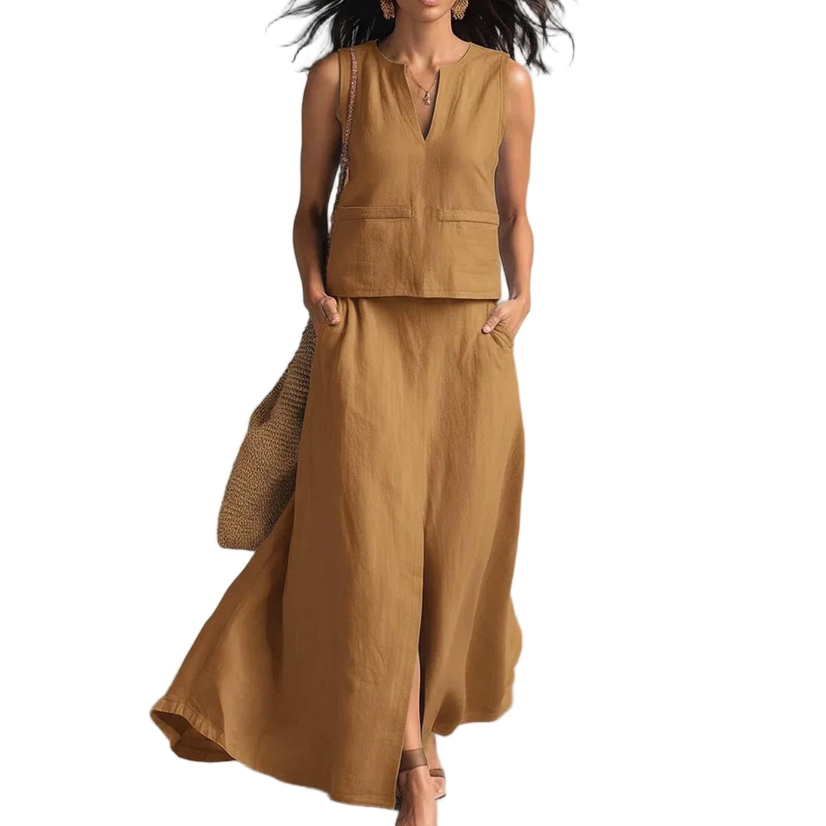 thumbnail image 1 of Hduncf Women's Cotton Linen Midi Skirt Set Solid V-Neck Sleeveless Beach Dresses Vacation Coverup Pockets Dress Split Maxi Skirt Sets Brown L, 1 of 5