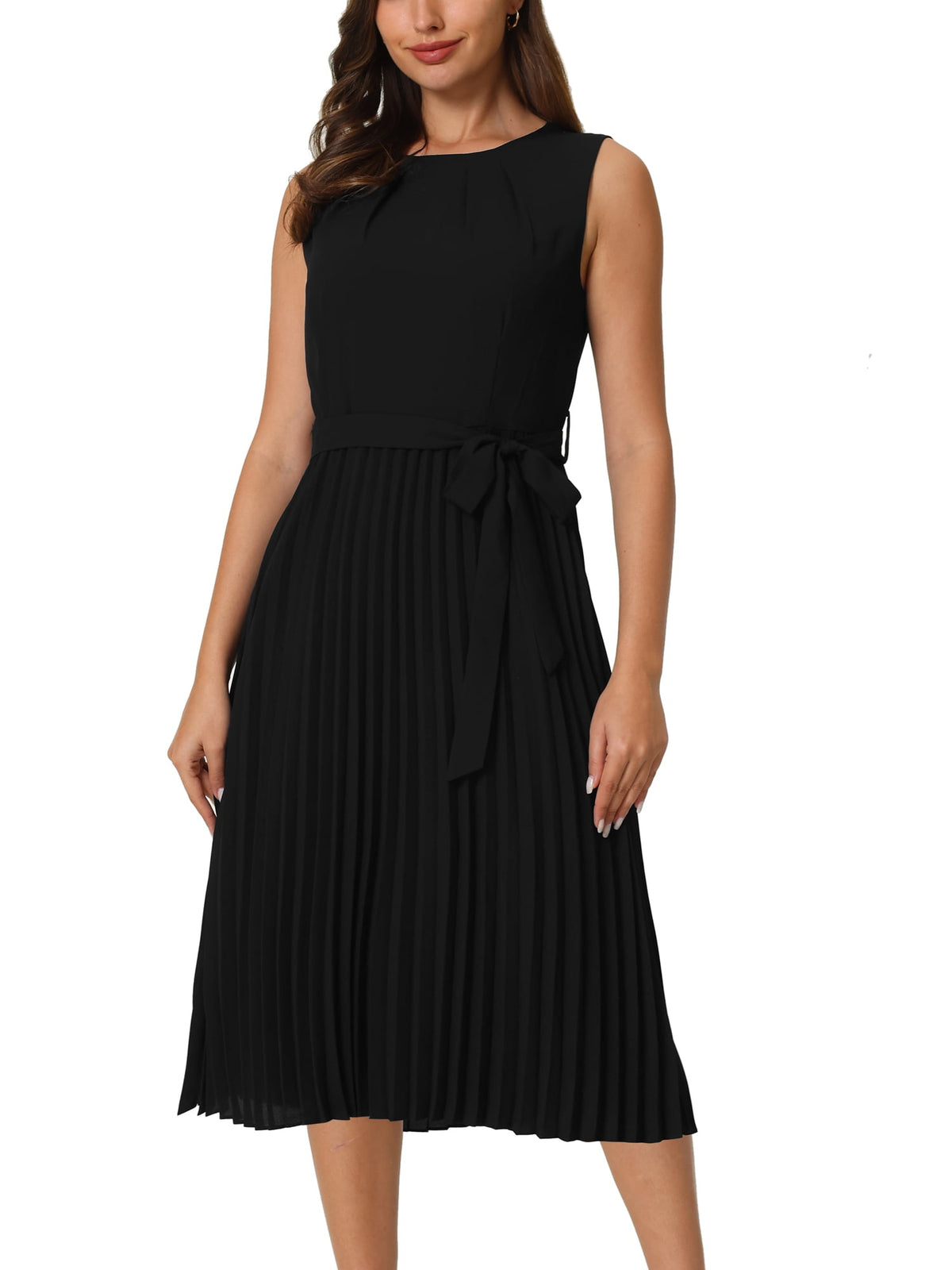 thumbnail image 1 of INSPIRE CHIC Women's Sleeveless Pleated Dress Tie Waist Casual Office A-Line Dresses 2XL Black, 1 of 6