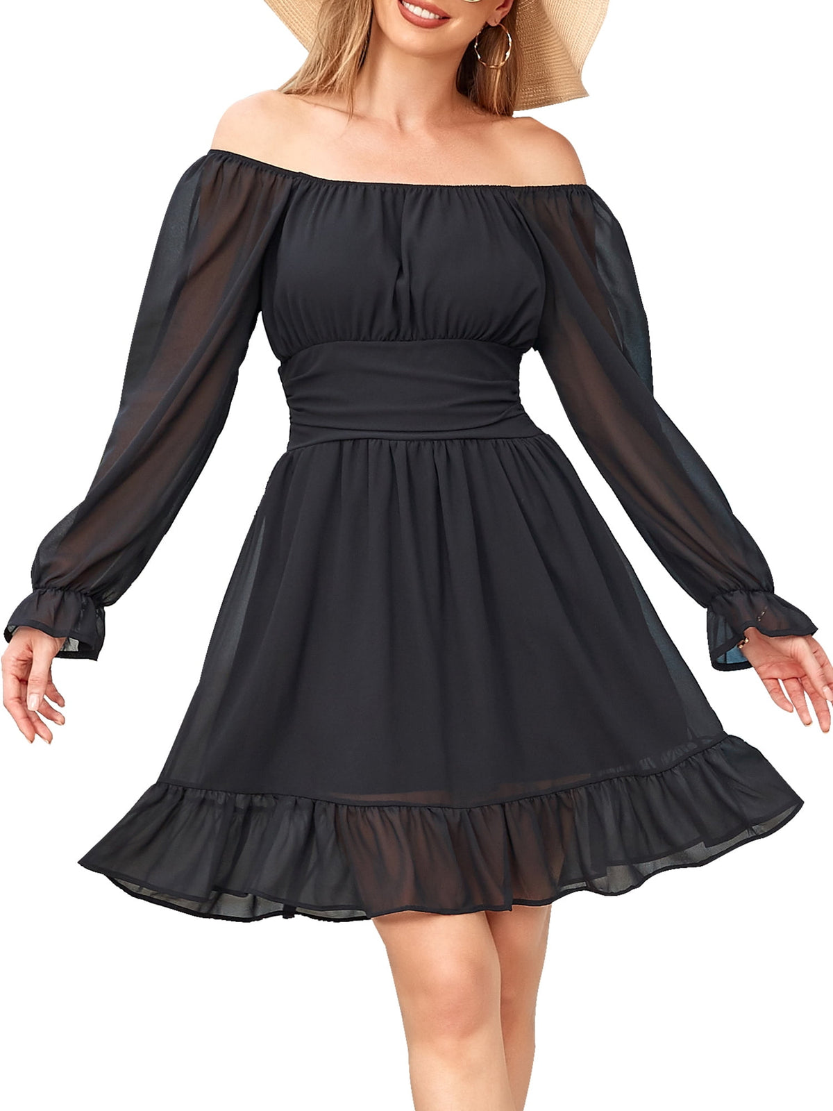 thumbnail image 1 of I2CRAZY Square Neck Smocked Elastic Waist Tie Back Mini Dress-L,Black, 1 of 6
