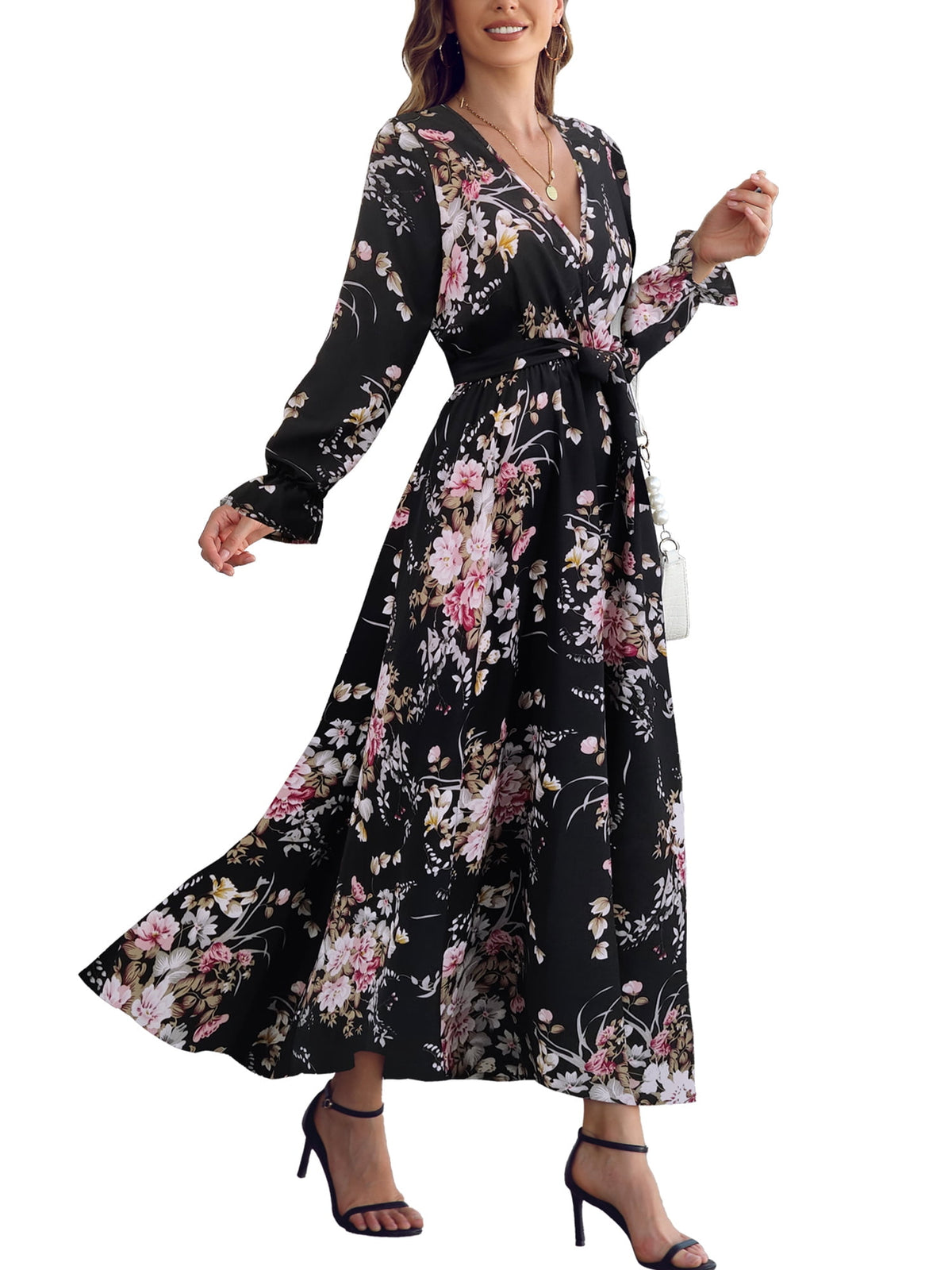 thumbnail image 1 of I2CRAZY Womens Pink Floral V Neck Empire Waist Long Sleeve Boho Wrap Maxi Dresses-S, 1 of 7