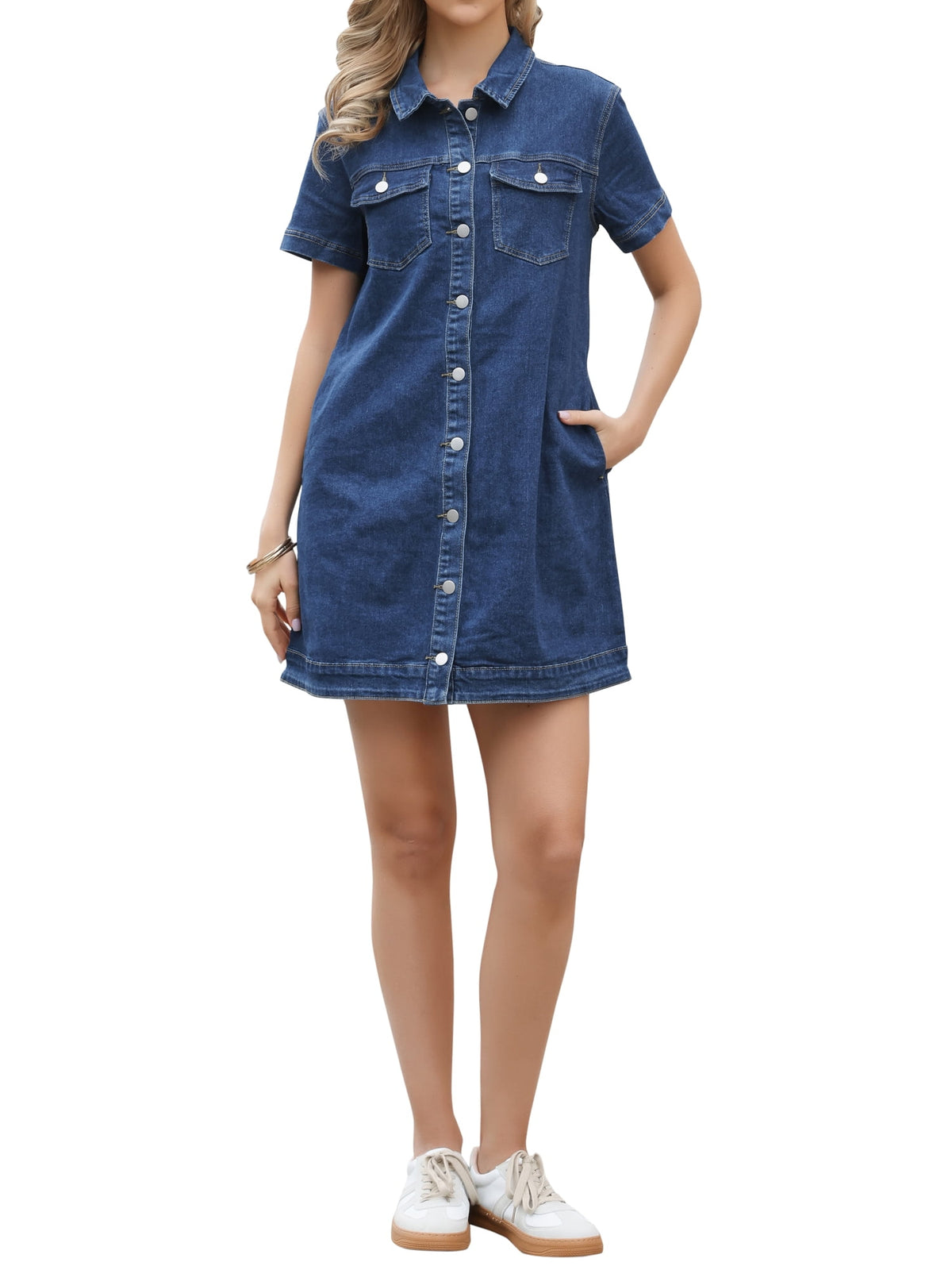 thumbnail image 1 of INSPIRE CHIC Denim Dress for Women's Short Sleeve Button Down A-Line Jean Dresses XS Dark Blue, 1 of 6