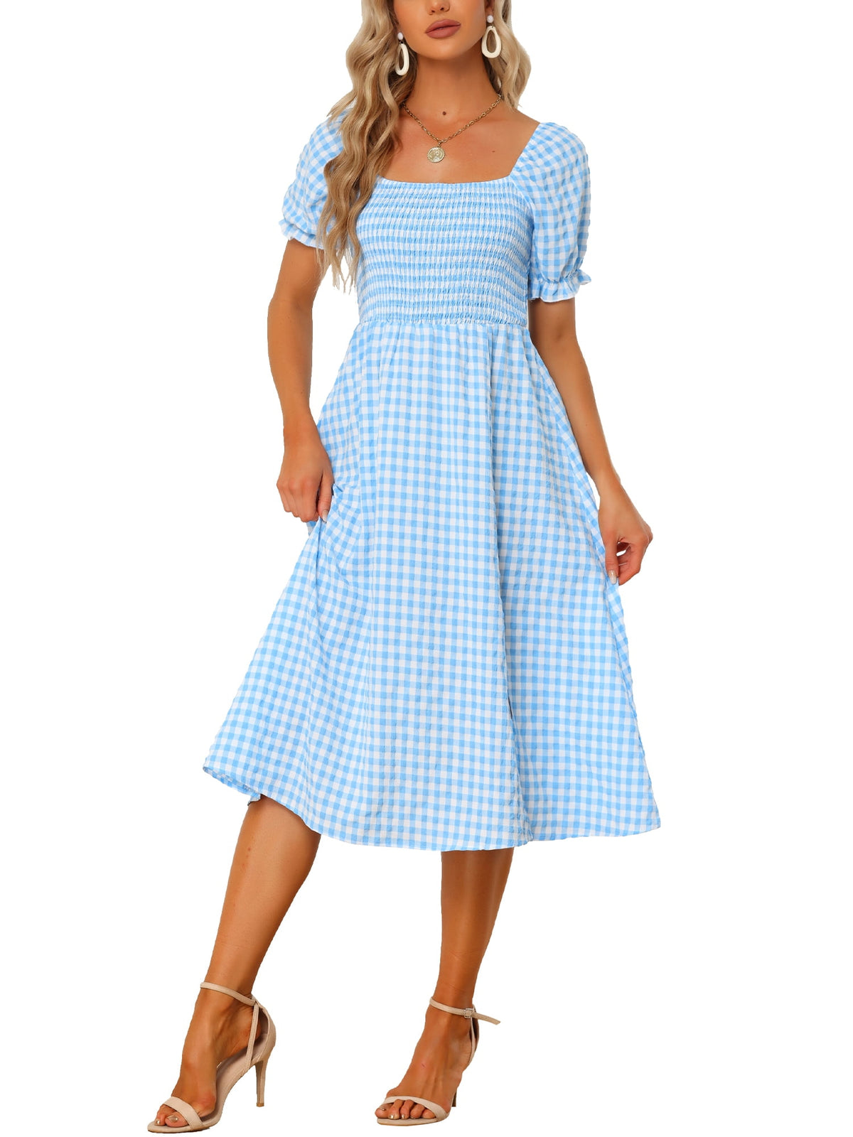 thumbnail image 1 of INSPIRE CHIC Women's Gingham Midi Dress Square Neck Puff Sleeve Smocked Waist with Side Slit Light Blue S, 1 of 7