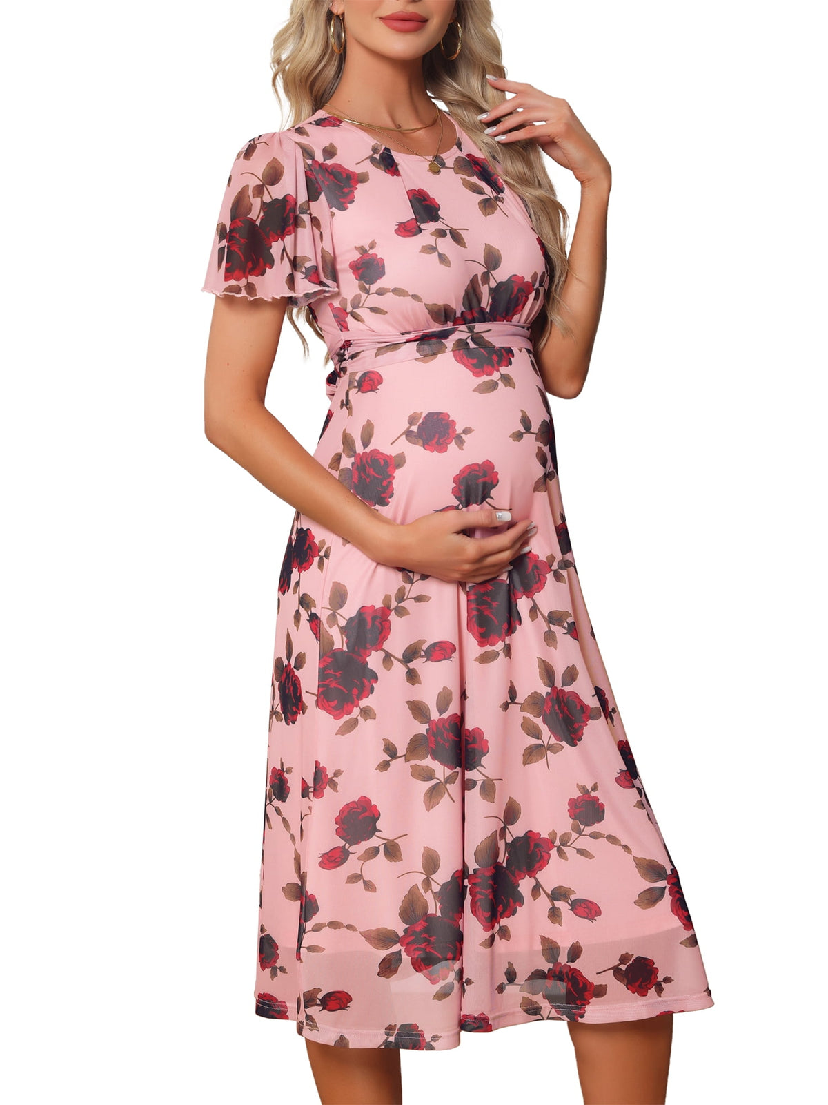 thumbnail image 1 of INSPIRE CHIC Women's Maternity Midi Dress Flowy Short Sleeve Button Down Sundress with Pockets M Pink Dress & Red Rose, 1 of 6