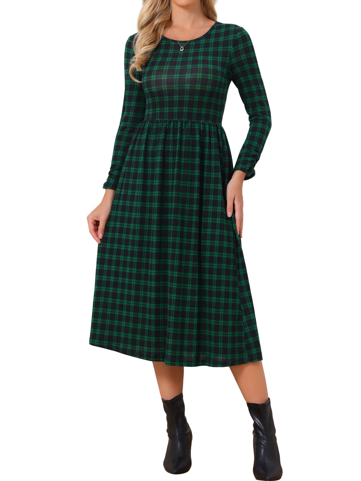thumbnail image 1 of INSPIRE CHIC Women's Plaid Dresses Long Sleeve Crew Neck High Waisted Stretchy A Line Gingham Casual Midi Dress M Green, 1 of 6