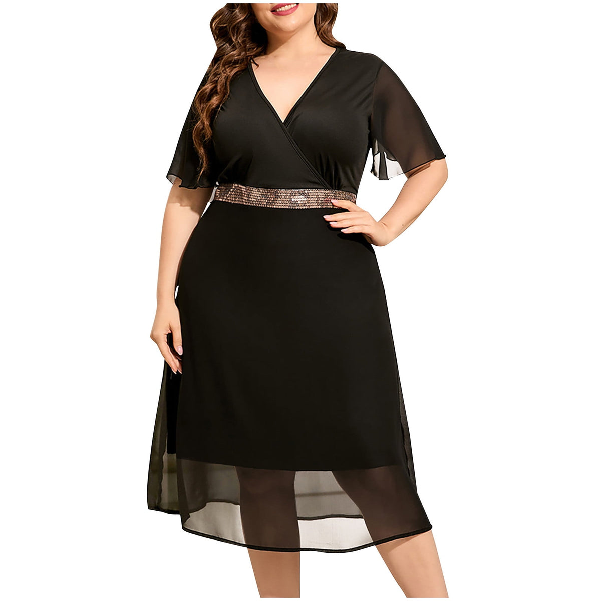 thumbnail image 1 of Jinhomg Plus Size Cocktail Dresses V Neck Wrap Chiffon Midi Dress with Sequin Waist, Flowy Casual Party Dress for Curvy Women Black,XL, 1 of 6