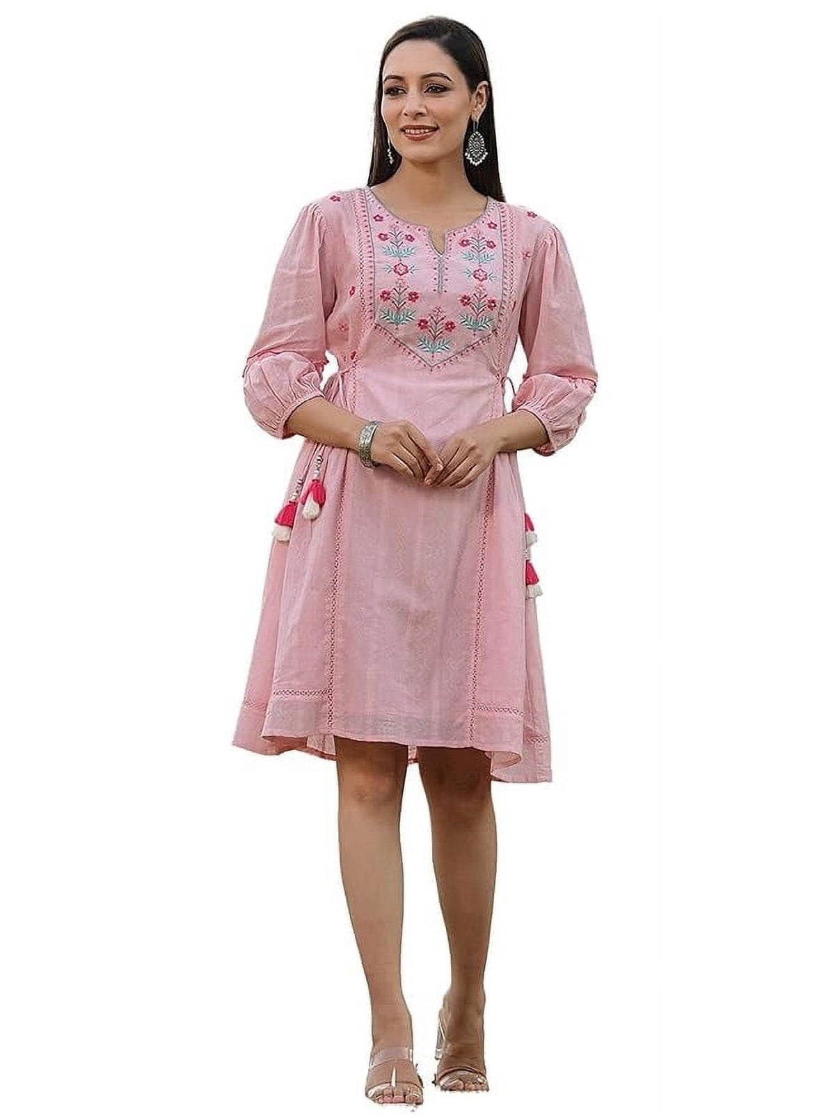 thumbnail image 1 of Juniper Pink Floral Printed Cotton Dobby Flared Short Dress With Thread Embroidery, 1 of 2