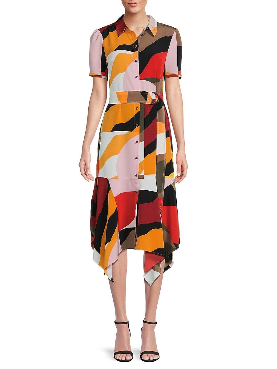 thumbnail image 1 of Karl Lagerfeld Paris Women's Printed Belted Shirtdress Rust Multi 6, 1 of 1