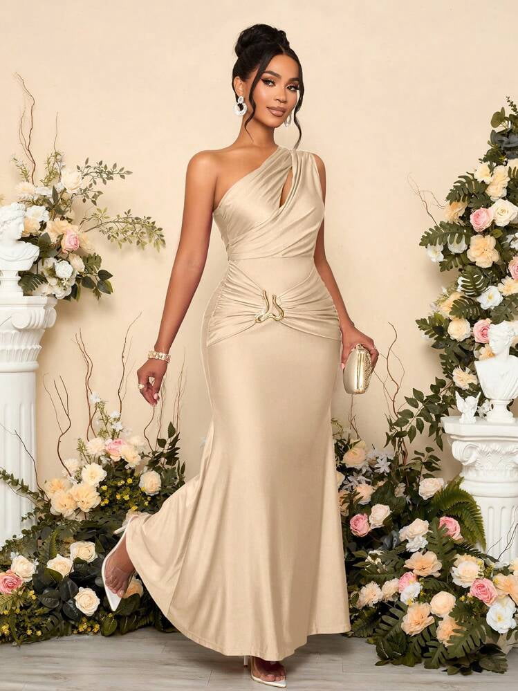 thumbnail image 1 of Khaki One Shoulder Asymmetric Cutout Maxi Dress with Ornamental Chain, 1 of 8
