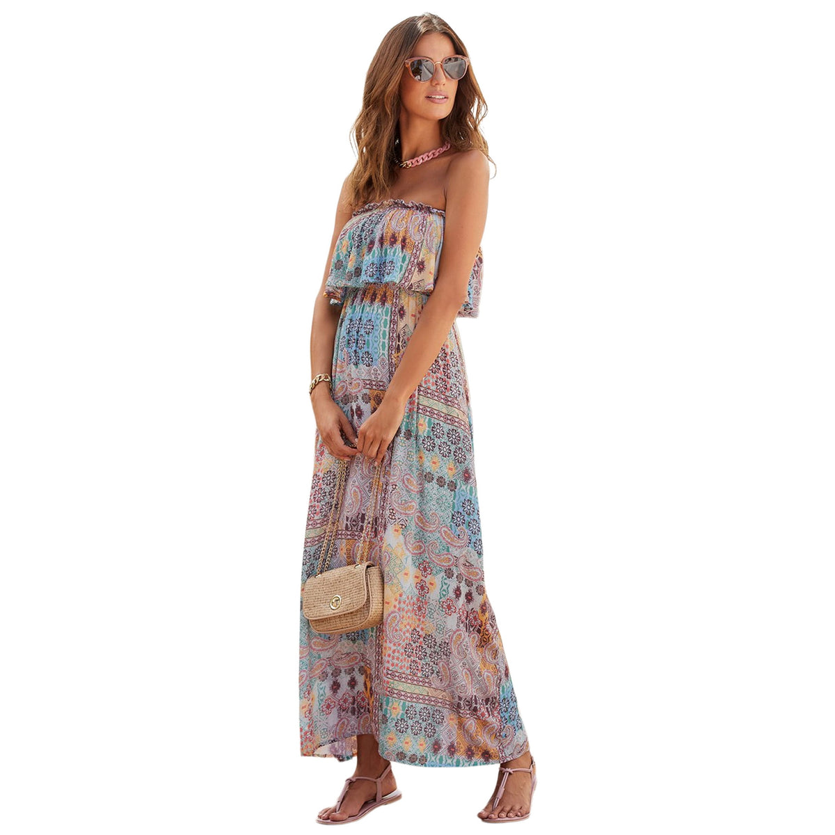 thumbnail image 1 of LASCANA Women's Patchwork Print Bandeau Maxi Dress Ruffle Trim, 1 of 5