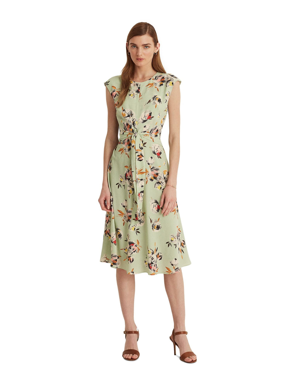 thumbnail image 1 of LAUREN RALPH LAUREN Womens Green Zippered Textured Lined Tie Front Floral Cap Sleeve Round Neck Knee Length Fit + Flare Dress Petites 2P, 1 of 4