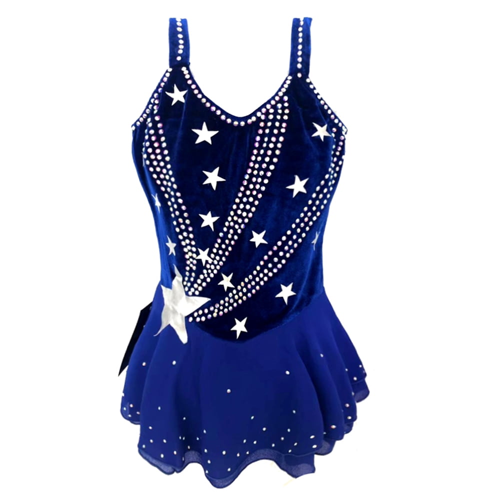 thumbnail image 1 of LIUHUO Custom Halter neck Figure Skating Dress Girls Ladies Velvet Spandex Spliced Royal Blue with Star Diamond Embellishments, 1 of 9