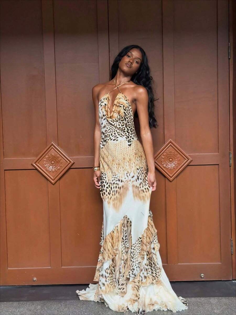 thumbnail image 1 of Leopard Print Halter Neck Maxi Dress With Ruffle Skirt - Color 1, 1 of 6