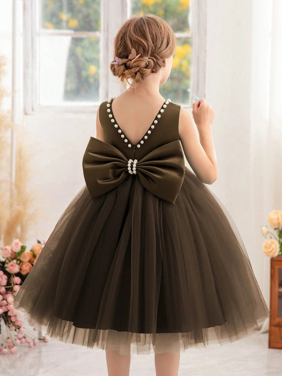 thumbnail image 1 of Maroon Pearl-Trimmed Bow Back Deep V-Neck Tulle Party Dress, 1 of 30