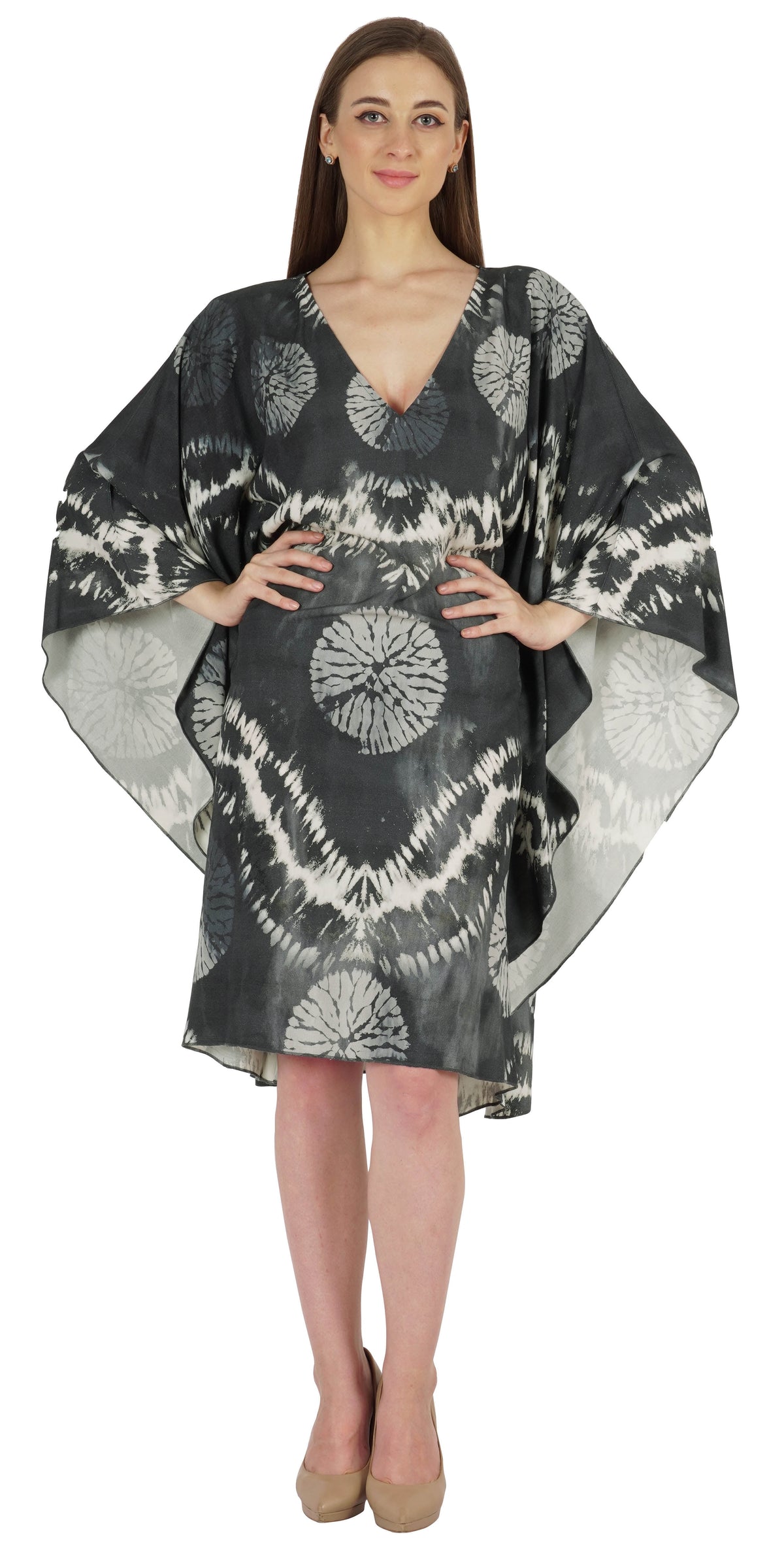 thumbnail image 1 of Moomaya Printed Tunic Kaftan Dress For Women Kimono Sleeves Loungewear Coverup Caftan Dress, 1 of 7