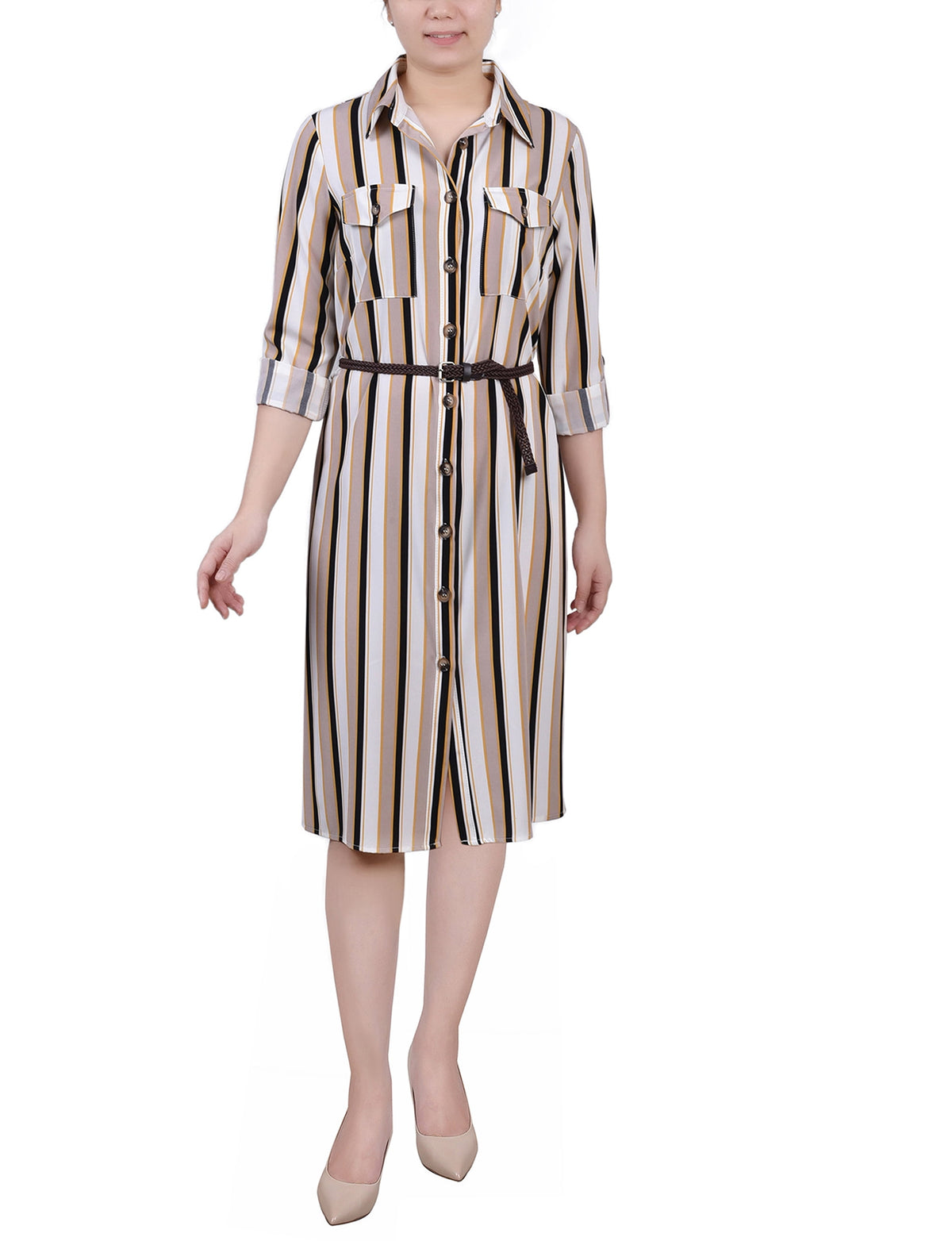thumbnail image 1 of NY Collection Women's Petite 3/4 Roll Tab Sleeve Shirtdress, 1 of 4