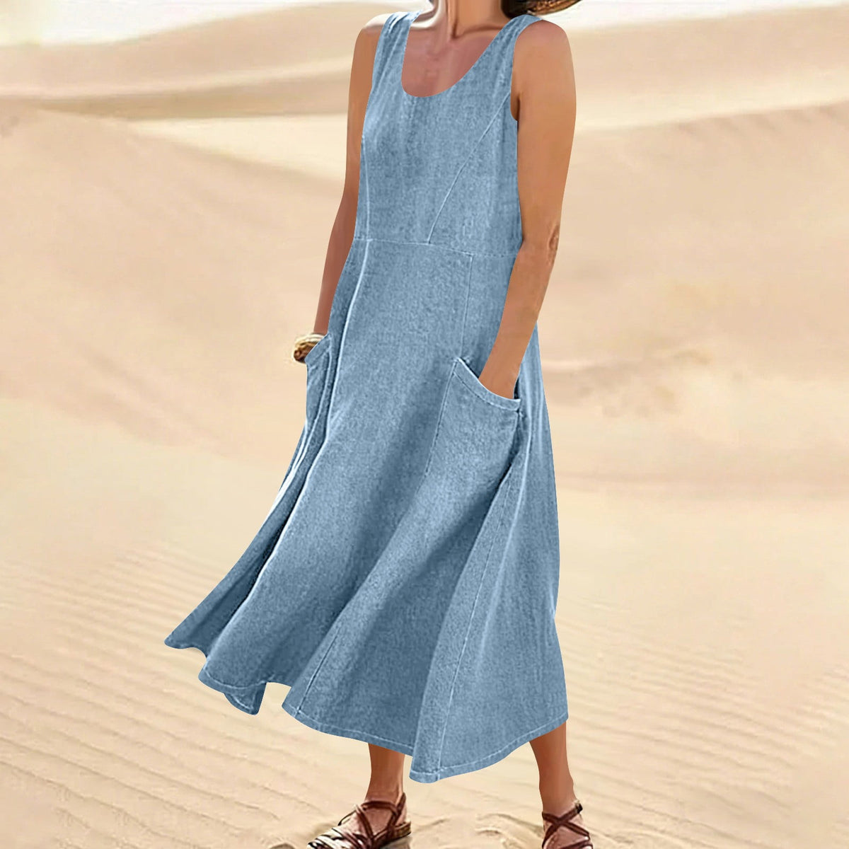 thumbnail image 1 of Neewe Womens Casual Plain Sleeveless Maxi Denim Dress Crewneck Vintage Loose Long Vest Jean Dress with Pockets, 1 of 6