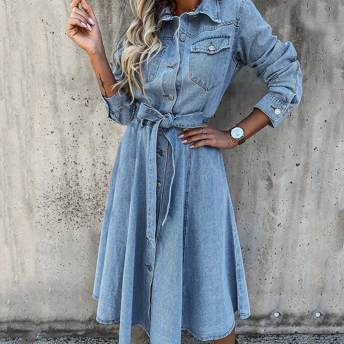 thumbnail image 1 of PATLOLLAV Dresses for Women,Women's Spring Autumn Lapel Denim Casual High Waist Pocket Button Lace Up Dress, 1 of 6