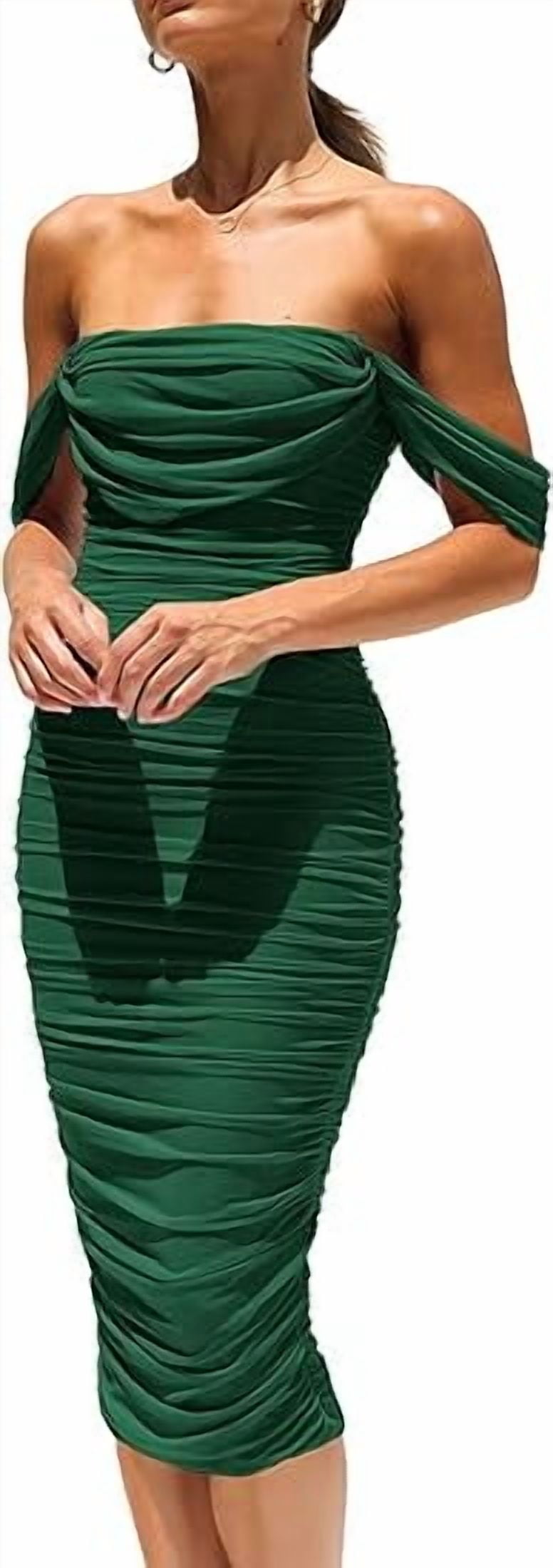 thumbnail image 1 of PRETTYGARDEN Women's Summer Off The Shoulder Dresses Sleeveless Ruched Fitted Cocktail Party Club Midi Bodycon Dress, 1 of 8