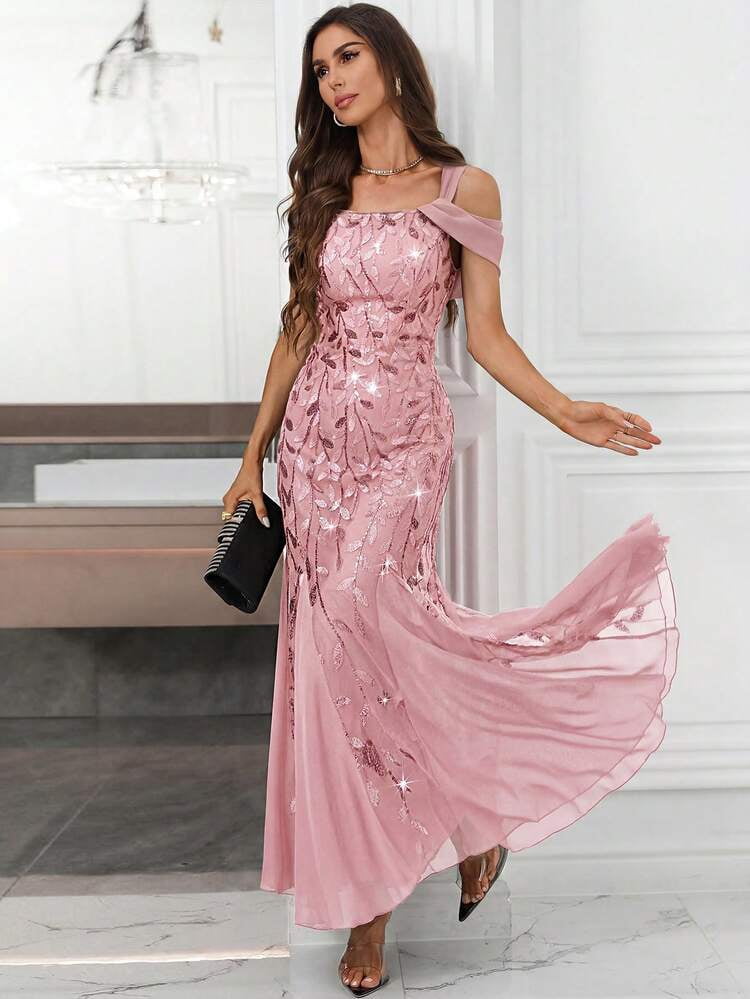 thumbnail image 1 of Pink Sequin Mermaid Evening Dress with Cold Shoulder, 1 of 6