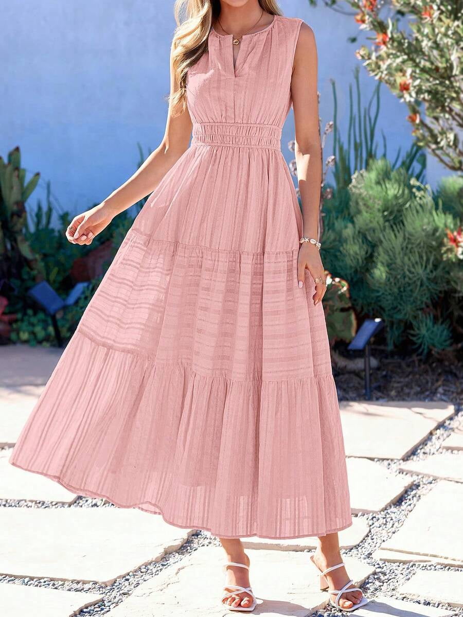 thumbnail image 1 of Pink Sleeveless V-Neck High-Waist Tiered A-Line Maxi Dress, 1 of 30